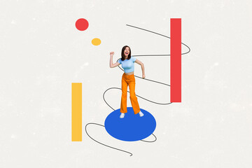 Contemporary art banner collage of happy businesswoman dance geometric figure development success...