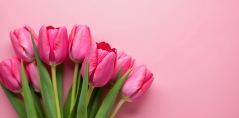 Fototapeta premium Cluster of pink tulips, soft pink background, close-up view, design, nature, tulips
