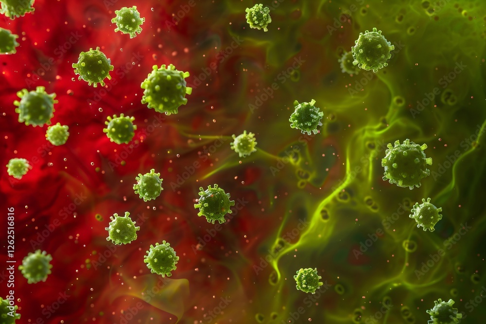 Poster microscopic view of coronavirus cells floating in red and green liquid. scientific visualization of 