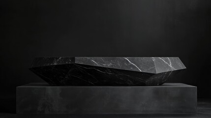 Black marble geometric display platform, dark background, product showcase