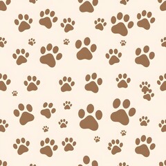 Obraz premium Paw Print Pattern: A delightful seamless pattern featuring adorable brown paw prints of varying sizes, scattered randomly on a light cream background. Ideal for pet-themed projects, fabric prints.