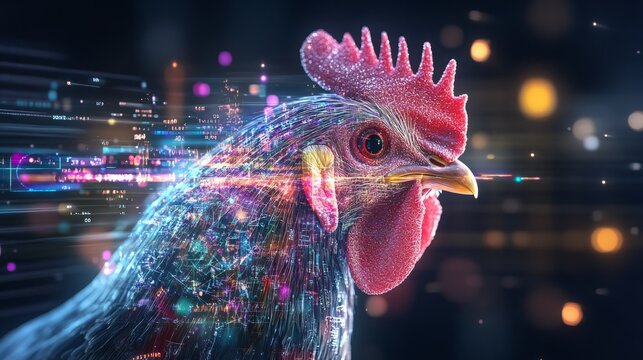 Biologically inspired fusion of a rooster with advanced digital elements in a vibrant design