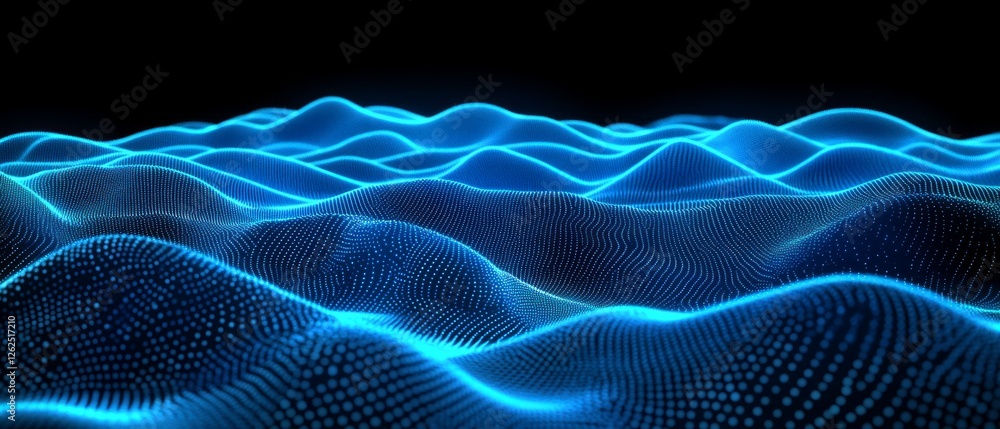 Poster flowing blue waves generate a captivating visual effect, illustrating depth and motion within a virt