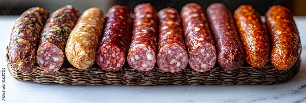 Poster this image showcases a vibrant arrangement of various types of sausages neatly displayed on a woven 
