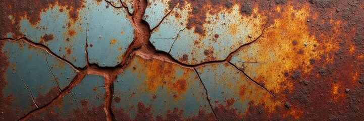 Cracked and pitted metal surface, heavy rust accumulation , detail, iron