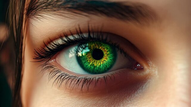 zoom in shot close-up of a beautiful girl's green eye. Extreme close up footage of an human eye. Macro footage of an eye of an young female. Generative Ai