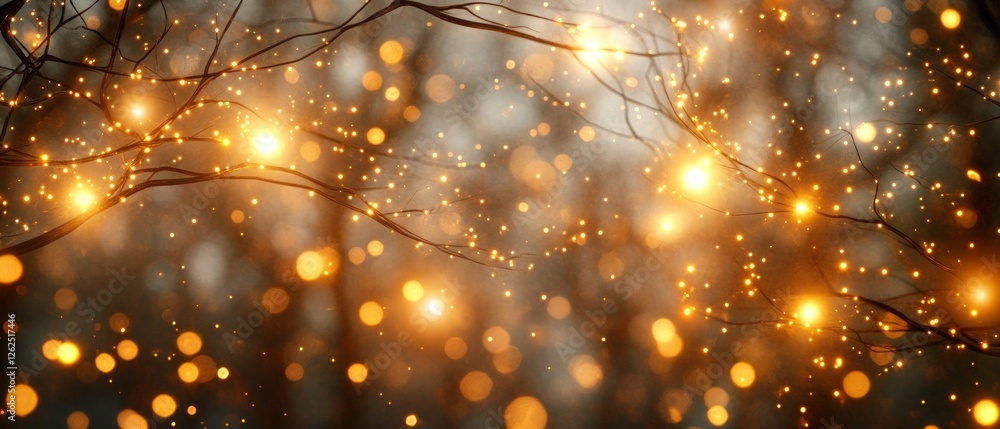 Poster a soft glow of warm lights dances among tree branches in a tranquil forest at dusk, creating an ench