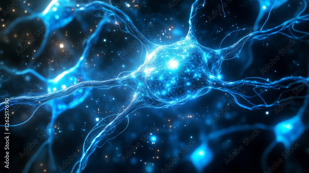 Poster bright blue neurons illuminate the dark background, illustrating intricate neural networks and their