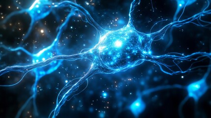 Naklejka premium Bright blue neurons illuminate the dark background, illustrating intricate neural networks and their interconnectedness while emphasizing brain functionality