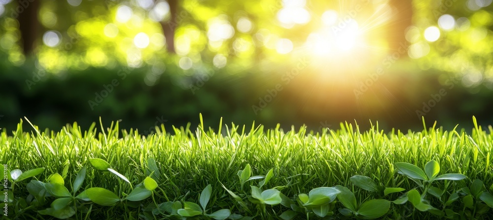 Poster vivid green grass close up with sunlight and bokeh effect on the background in 8k resolution