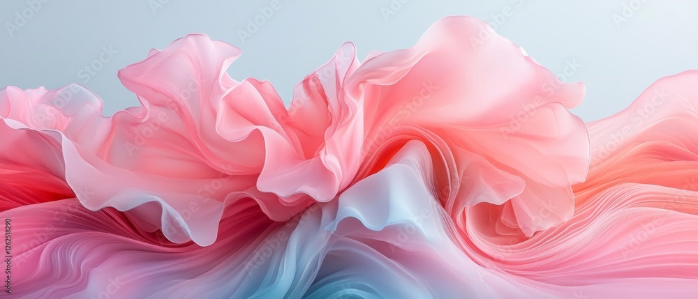 Poster sinuous folds of pink and blue fabric flow gracefully, blending seamlessly and creating a vibrant an