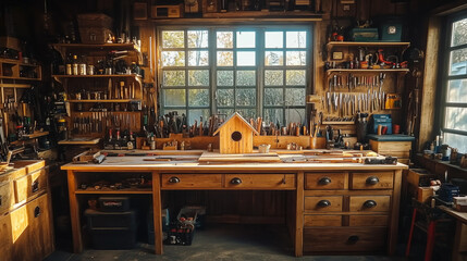 A cozy well-stocked workshop with handcrafted wooden birdhouse on workbench, tools, and natural light evokes craftsmanship, hobby, and DIY projects.