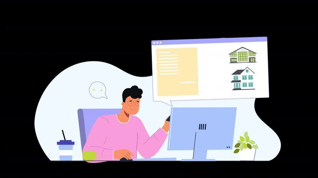Flat animation showing the steps of renting a home online, from browsing listings to booking a property, demonstrating how modern technology simplifies the home rental experience.