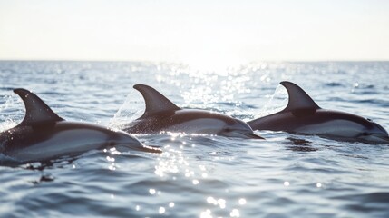 Fototapeta premium Pod of dolphins leaping together in the deep blue ocean during dolphin awareness month