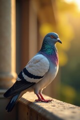Curious pigeon perched on ornate ledge, sunlight gleaming on feathers, urban, ornate, perched