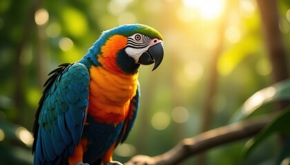 Fototapeta premium Colorful macaw perched elegantly on a branch in a lush tropical jungle during golden hour