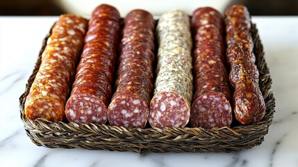 A visually striking arrangement of sliced sausages in stylish baskets highlights gourmet culinary art with a focus on rich textures and vibrant colors perfect for any table setting.