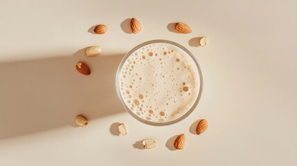 Obraz premium Creamy almond milk in clear glass surrounded by nuts creates warm, inviting scene. This top down view highlights texture and color of drink
