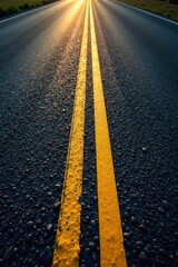 Dark asphalt, faded yellow dividing line, sun glare, bitumen, curve