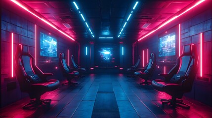 Futuristic cyber gaming zone with neon lights and ergonomic chairs