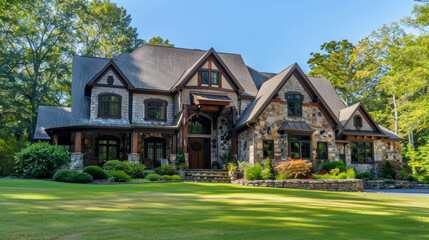 Elegant stone and timber home with landscaped garden, large windows, and a welcoming entrance under a clear blue sky