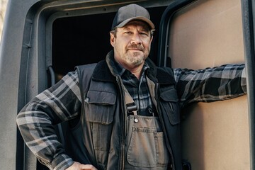 Truck driver portrait highway rest area professional photography outdoor setting close-up view male characterization