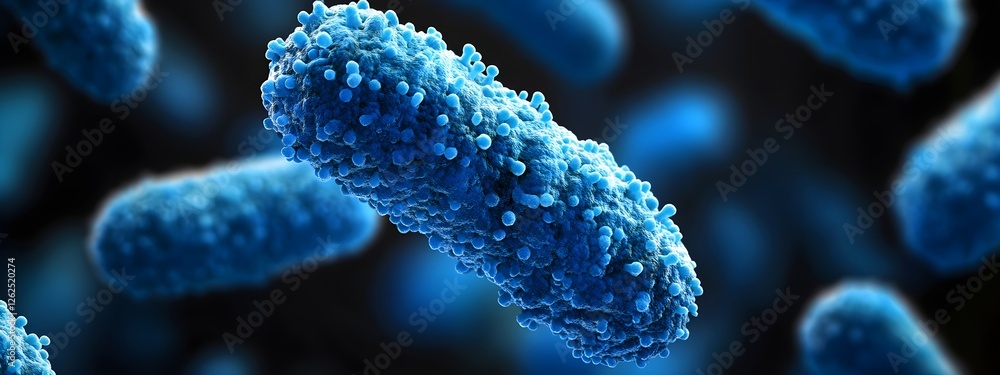 Poster microscopic view of blue bacteria or virus cells floating in dark background. medical science resear