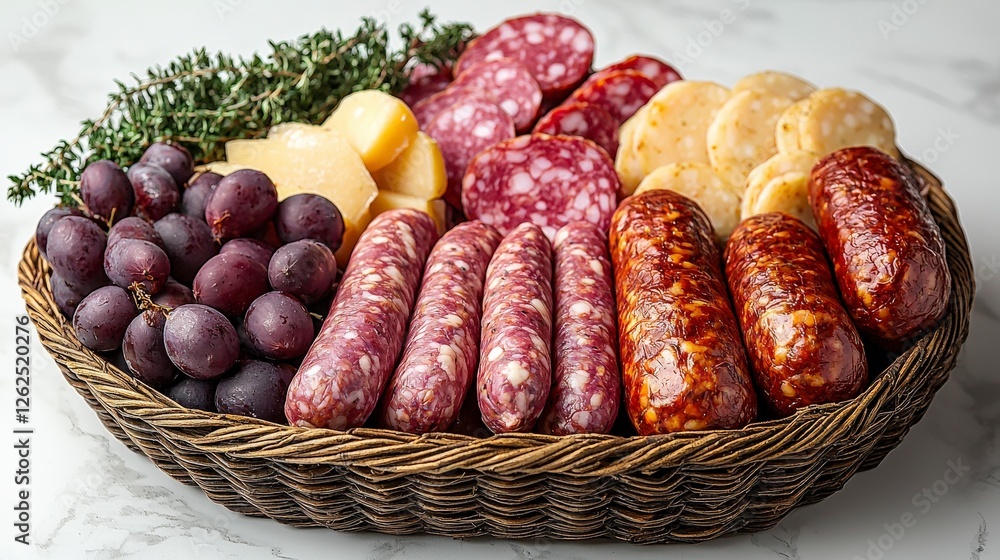 Poster this image showcases a beautiful array of assorted cured meats alongside fresh grapes, creating an i