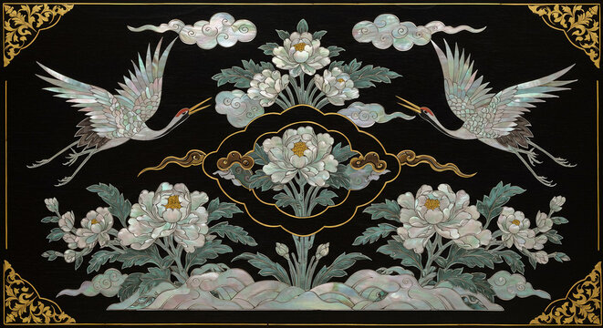 Graceful Korean mother-of-pearl inlay with cranes, clouds, peonies, symbolizing longevity elegance Incrustaci&oacute;n coreana de n&aacute;car con grullas, nubes y peon&iacute;as, simbolizando longevidad y elegancia.