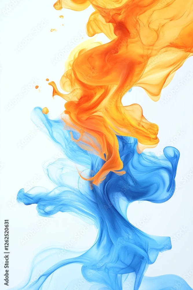 Poster swirling hues of orange and blue fluid dynamically mix in a captivating visual display against a cle