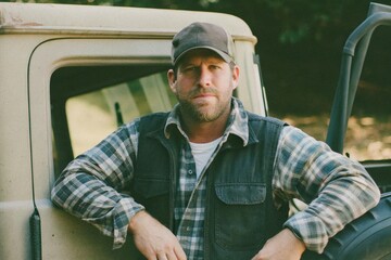 Portrait of truck driver in rural setting male white subject captured in natural light outdoor environment close-up viewpoint for authenticity and relatability
