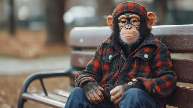 Positive, cute monkey dressed in casual clothes, sitting comfortably on a bench, smiling