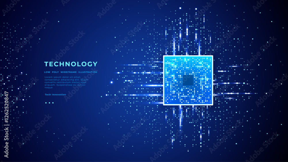 Poster Abstract AI chip on electronics technology background. Quantum semiconductor with light glowing blue pixels as data flow. Microchip or processor on circuit board. Tech bg. Digital vector illustration.