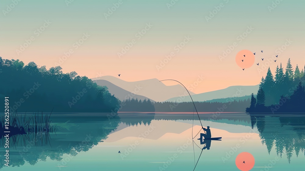 Wall mural A man fishes on a lake at sunset with mountains in the background.