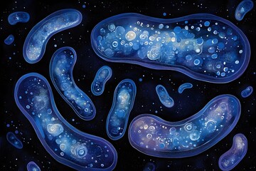 Obraz premium Blue bacteria cells watercolor illustration on black background. Medical microbiology scientific art. Abstract biological microorganisms pattern with copy space