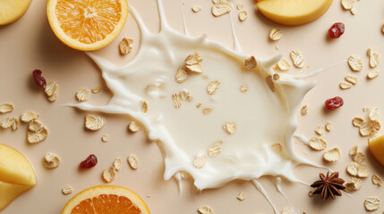 Creamy milk splash surrounded by orange slices, oats, and dried fruit creates vibrant and fresh breakfast scene