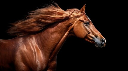 Fototapeta premium A beautiful chestnut stallion with a glossy coat, its mane blowing gently in the breeze 