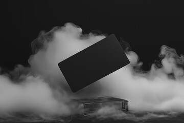 Blank black business card mockup floating above smoke acrylic base