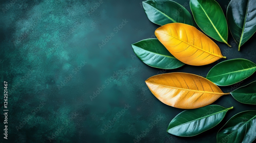 Canvas Prints Green And Golden Yellow Leaves On Dark Green Background, Autumn Colors, Top Down View, Crisp Detail