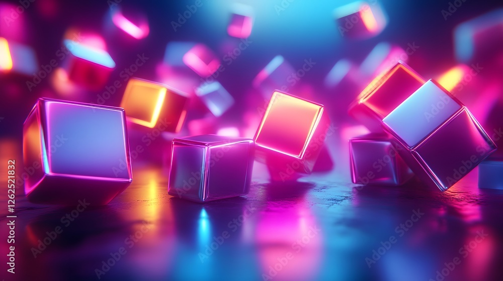 Poster glowing cubes cascading in vibrant neon light create an abstract dimension
