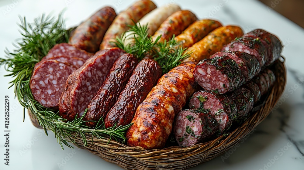 Poster an array of vibrant and colorful sausage varieties displayed in a woven basket, capturing the attent