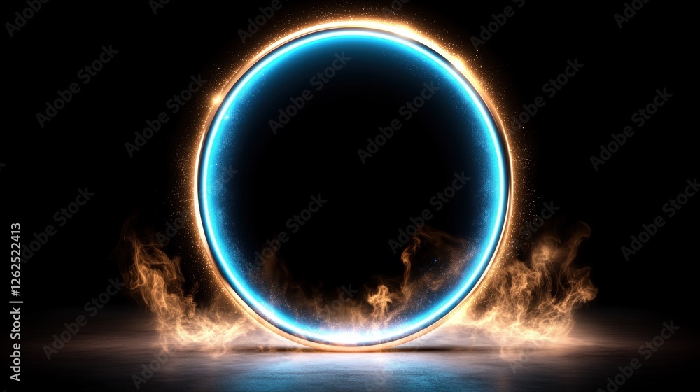 Poster circular portal emits a blue glow surrounded by flames and sparkles, creating a mystical atmosphere 