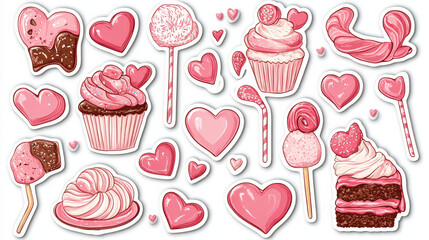Stickers pack of Valentines heart pink candy lollipop, sweets and confectionery, vector food. Cartoon heart shaped chocolate candy, cake, cupcake and cookie, lollipop, caramel and marshmallow stickers