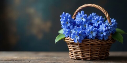 Deep blue grape hyacinths in a rustic woven basket, purple, flora