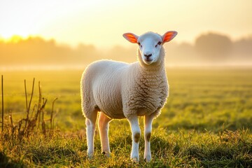 Fototapeta premium Cute Sheep Standing on Green Grass Field During Golden Hour Light