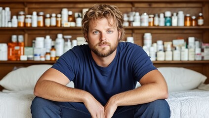 Fototapeta premium man with curly blonde hair sits on a bed, looking directly at the camera. Behind him, shelves are filled with numerous bottles and jars, likely containing health and wellness products