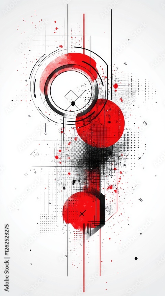 Poster bold red circles intersect with sharp black lines against a white backdrop, creating an engaging abs