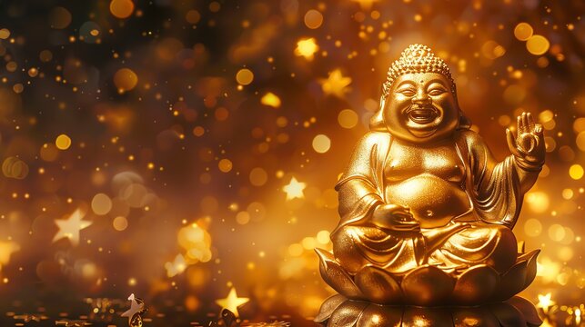 A golden statue of the Laughing Buddha sits in a lotus pose on a table with a sparkling background.