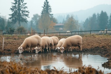 Flock of Sheep Drinking Water in Rural Farm Landscape at Dusk