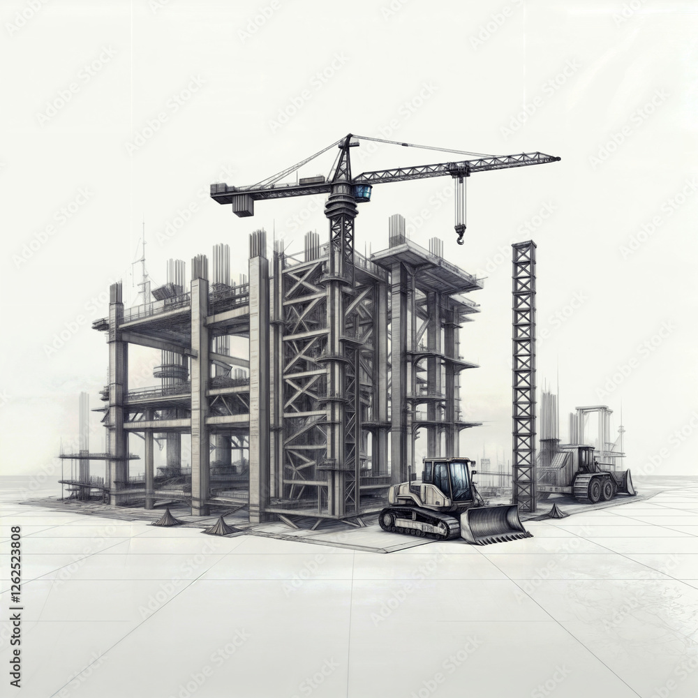 Poster architectural sketch of a modern construction of a building of the future. generative ai